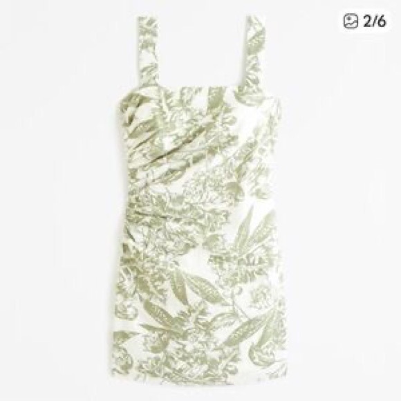 Abercrombie & Fitch Linen-Blend Ruched Squareneck Mini Dress in green print. - Picture 2 of 7